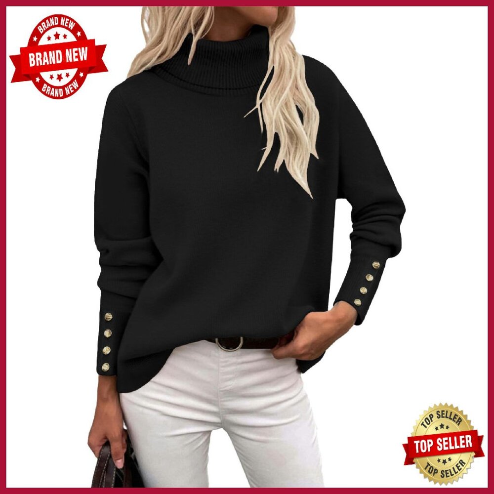 Soft Turtleneck Knit Pullover High Low Hem Metal Buttons Women's Sweater
